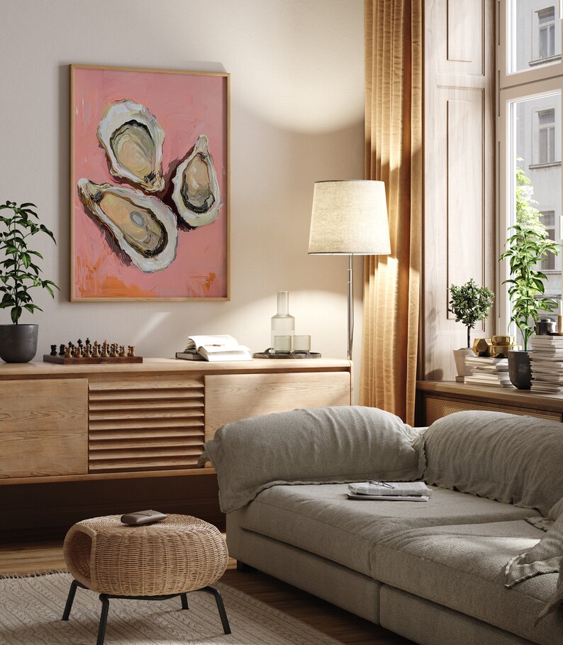 Oyster Watercolor Print, Aesthetic Kitchen Decor, Retro Dinner Table Print, Pink Oyster Kitchen