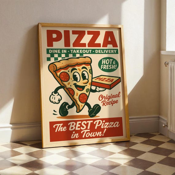 Retro Pizza Poster – Funny Pizza Wall Art, Vintage Kitchen Decor, Hot & Fresh Pizza Print, Italian Food Art, Diner Style Poster