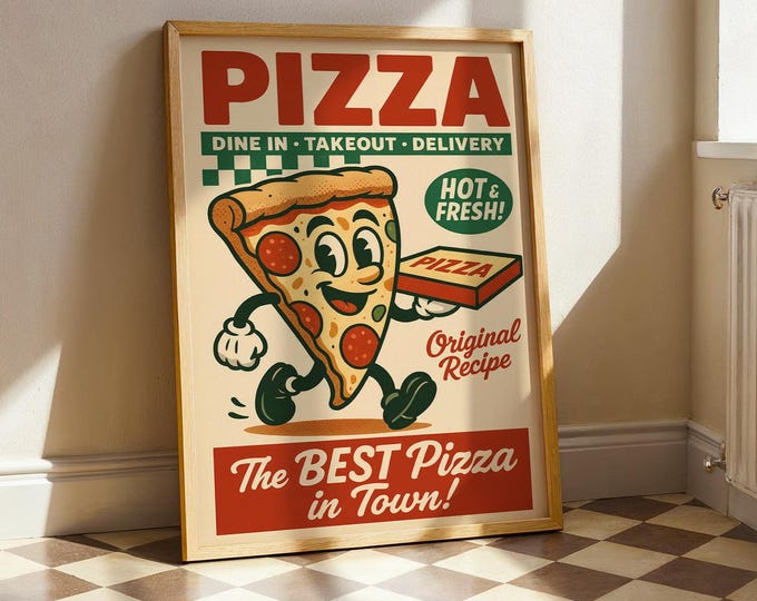 Retro Pizza Poster – Funny Pizza Wall Art, Vintage Kitchen Decor, Hot & Fresh Pizza Print, Italian Food Art, Diner Style Poster