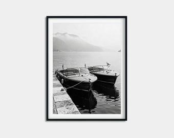 Seagull on Speedboat Print, Misty Alpine Harbor Poster, Tranquil Mooring Wall Art