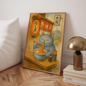 Ramen Cat Watercolor Print – Cute Japanese Noodle Shop Art, Chubby Cat Eating Ramen, Kawaii Kitchen Decor