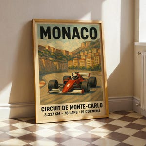 ヴィンテージ モナコ グランプリ ポスター、レトロな F1 ウォールアート、クラシック レーシングカー デコレーション、レッド&ベージュのモータースポーツ プリント