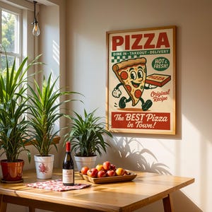 May include: A framed vintage-style pizza advertisement with the text "PIZZA" and "The BEST Pizza in Town!" hangs on a wall. A wooden table holds a bottle of wine, a bowl of fruit, and potted plants, creating a warm, inviting scene.