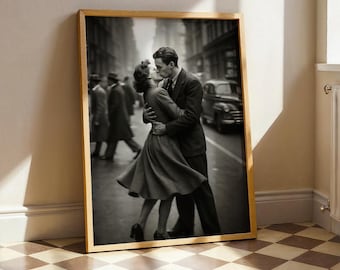 Plakat z romantycznym pocałunkiem w stylu vintage – czarno-biały plakat z parą, ponadczasowa dekoracja ścienna ze zdjęciami ulicznymi, klasyczne dzieło sztuki o miłości