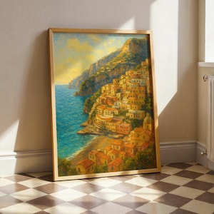 Amalfi Coast Wall Art, Italian Coastline Oil Painting Print, Mediterranean Travel Poster, Warm Beach Town Wall Decor, Coastal Italy Print