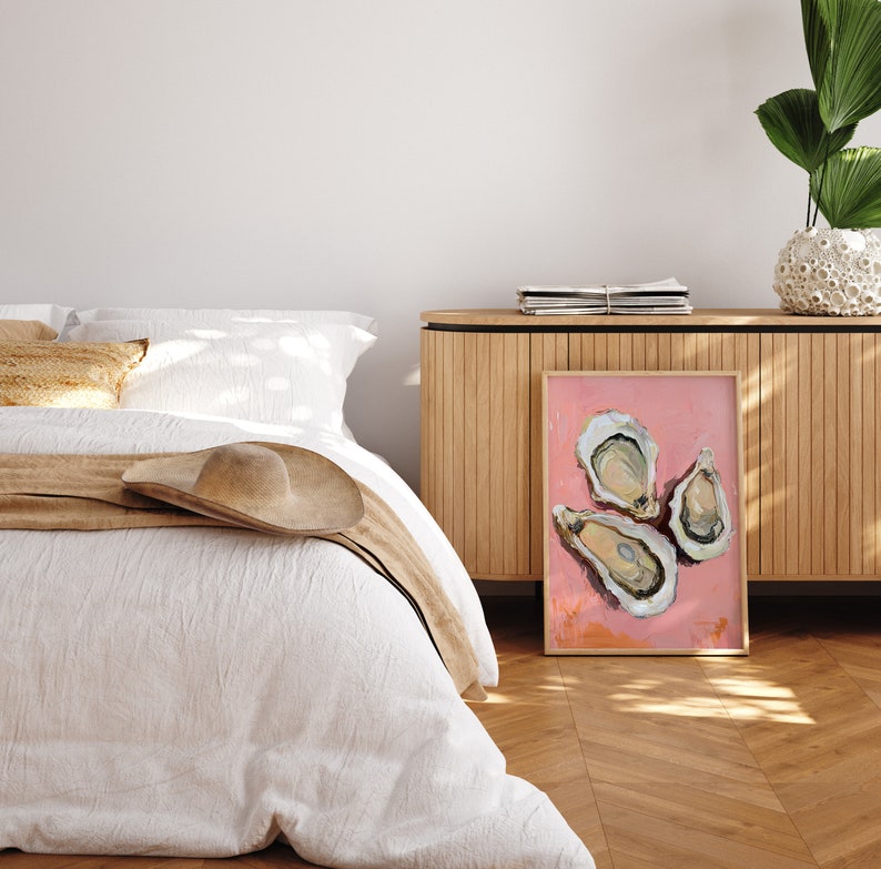 Oyster Watercolor Print, Aesthetic Kitchen Decor, Retro Dinner Table Print, Pink Oyster Kitchen