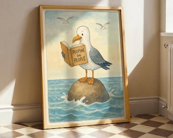 Arte divertido de gaviota para baño: estampado animal de acuarela humorístico, decoración de pared de playa costera