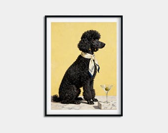 Black Poodle Print, Martini Dog Painting, Silk Scarf Butter Yellow Wall Art