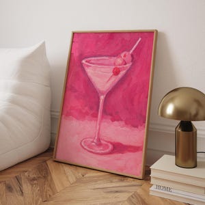 Plakat Pink Martini | Wydruk na wózku barowym | Odważna sztuka ścienna do koktajli | Nowoczesny wydruk na barze z pociągnięciami pędzla | Efektowny wystrój drinków