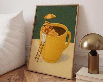 Coffee Lover Wall Art | Woman in Coffee Cup Print | Whimsical Reading Poster | Cozy Modern Kitchen Decor