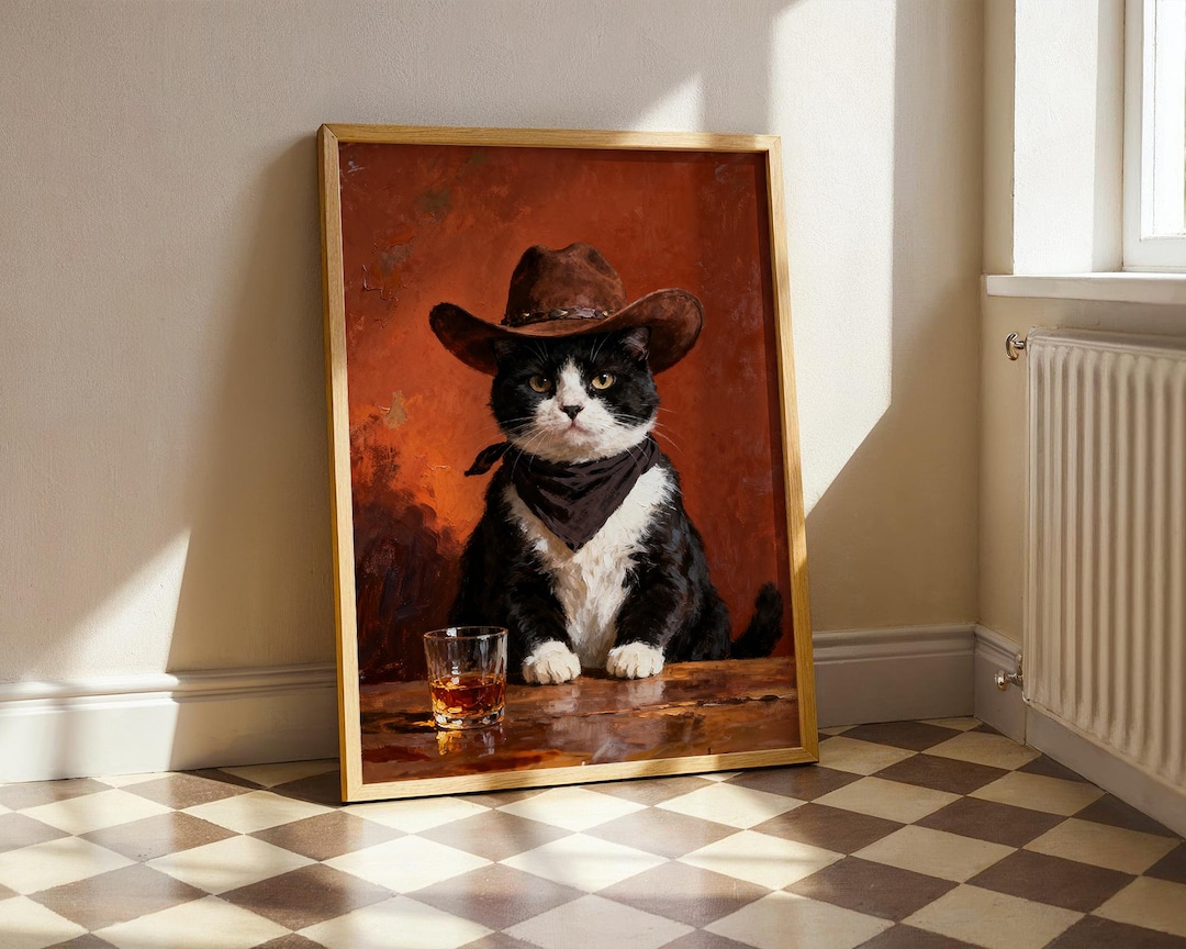 Western Cat and Whiskey Wall Art Print – Cowboy Tuxedo Cat, Rustic Bar ...
