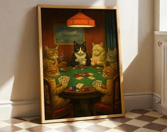 Cats Playing Poker Funny Art Print – Vintage Style Cat Poster, Whimsical Animal Wall Decor, Game Room Decor, Bar Wall Art