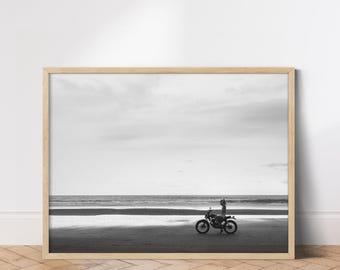 Beach Motorcycle Art Print: Minimalist Black and White Coastal Decor