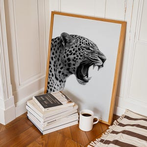Poster leopardo in bianco e nero – Arte murale safari audace, stampa animalier minimalista, arredamento moderno stile giungla noir