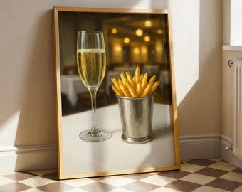 Champagne and Fries Poster – Modern Food Art Print, Elegant Minimalist Kitchen Decor
