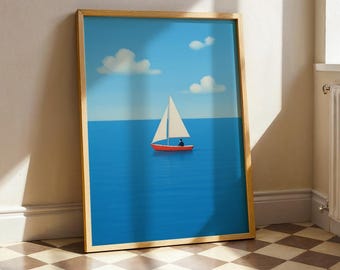 Minimalist Sailboat Art Print – Nautical Ocean Wall Art, Coastal Blue Seascape Poster, Modern Sailing Decor