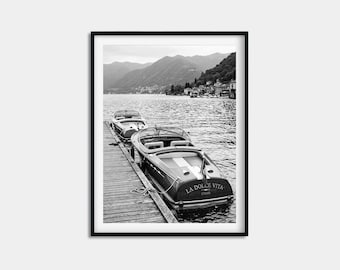 Black and White Lake Como Boat Print, Vintage Italian Dock Poster, Nautical Wall Art