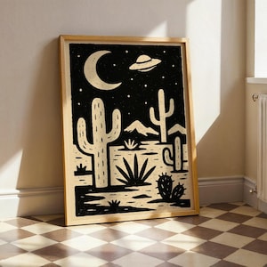 Schwarz-Beige Kaktus Kunst - Retro Wüste Poster, minimalistisches surreales Wandbild, Boho Western Dekor, Vintage moderne Kaktus Kunst
