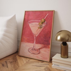 Póster de Martini / Impresión de carrito de bar / Arte mural de cócteles clásicos / Impresión de decoración de bar rosa / Pintura de bebida moderna para cocina
