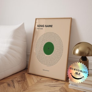 May include: A framed print with a beige background features a green vinyl record design with song lyrics. The text "SONG NAME" and "ARTIST NAME" are at the top. A sticker with "CUSTOMIZE ME" is on the bottom right.
