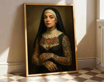 Tattooed Nun Art Print, Neo-Traditional Tattoo Artwork, Edgy Inked Woman Poster, Dark Feminine Gothic Wall Decor