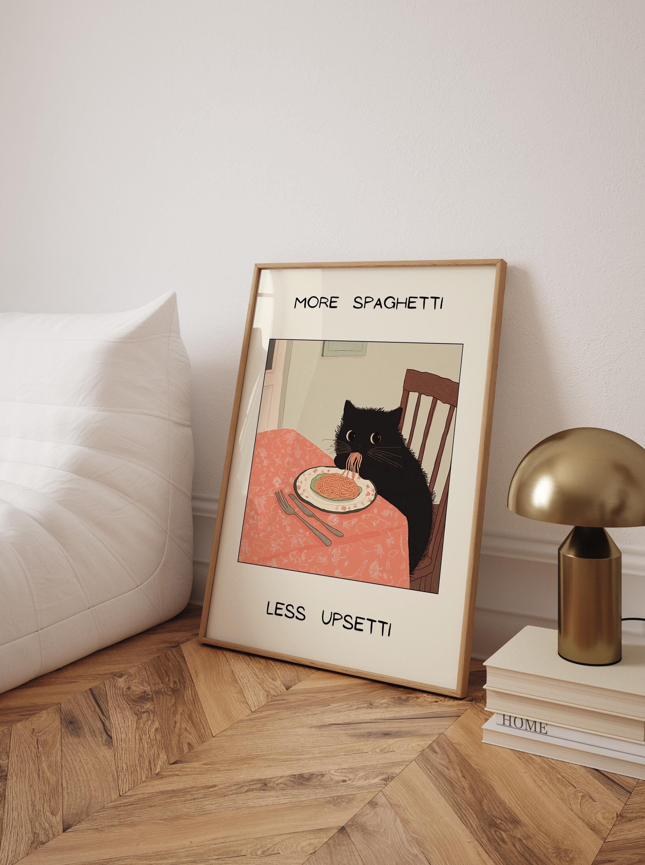 Black Cat Spaghetti Poster: Humorous Kitchen Wall Art