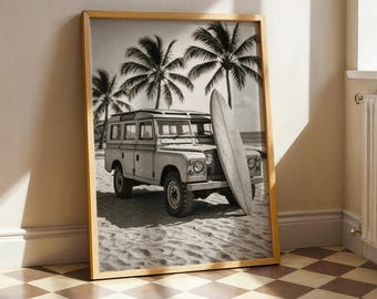 Vintage Car Surf Poster – Retro Beach Wall Art, Black and White Coastal Print, Surfboard Adventure Photography