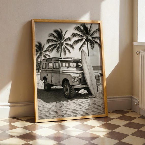 Vintage Car Surf Poster – Retro Beach Wall Art, Black and White Coastal Print, Surfboard Adventure Photography
