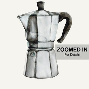 May include: A silver and black watercolor illustration of a stovetop espresso maker with the text "UN CAFFE PER FAVORE" in brown lettering.