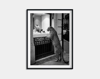 Big Cat Boutique Print, Spotted Wildcat Necklace Poster, Nocturnal Sidewalk Wall Art