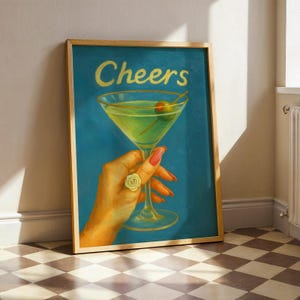 Impresión de martini "Cheers", arte mural de cócteles vintage, póster de bar azul y verde oliva, decoración retro para la hora feliz