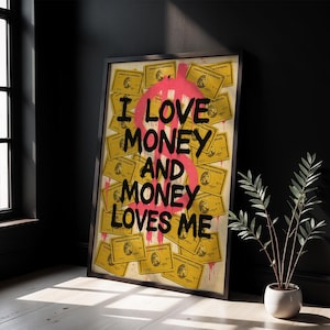Poster Money Poster American Express Money Quote, impression pop art graffiti audacieux avec cartes en or et signe dollar rose