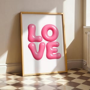 Affiche LOVE - Impression Pop Art rose brillant, art mural mignon typographie audacieuse, décoration de chambre esthétique moderne