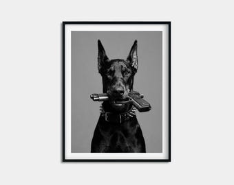 Doberman Print Black White Dog Photography Wall Art, Luxury Fashion Poster