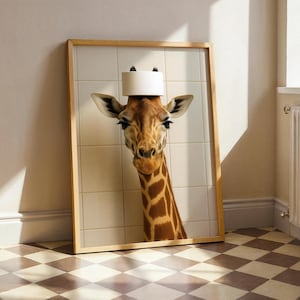 Lámina artística de jirafa para baño, póster original de papel higiénico, arte mural divertido de jirafa, decoración de animales para baño, lámina caprichosa de zoológico