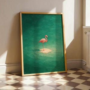 Arte mural minimalista de flamencos, impresión de pájaro rosa sobre agua verde, póster de animales tropicales, decoración playera moderna, obra de arte costera tranquila