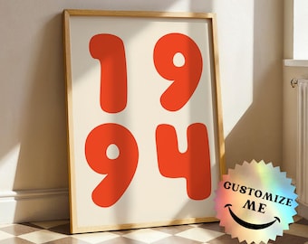 Custom Year Print, Retro Number Poster, Personalized Birthday Gift, Trendy Printable Wall Art, Custom Date Decor