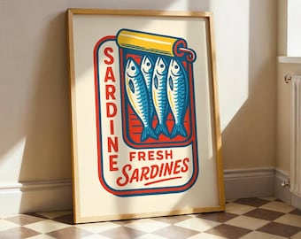 Fresh Tinned Sardine Poster – Retro Kitchen Wall Art, Vintage Food Print, Coastal Fish Illustration