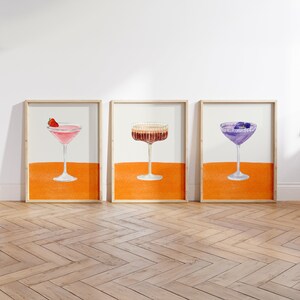 3枚セットのプリント、トレンディな水彩画風プリント、ミニマリストなウォールアート、オレンジ色のウォールアートポスター、バーカートプリント、ウォールアート、トレンディなガーリープリント