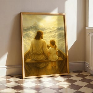 Christian Kids Room Wall Art – Jesus and Child in Boat Poster, Faith-Based Nursery Print, Spiritual Christian Decor