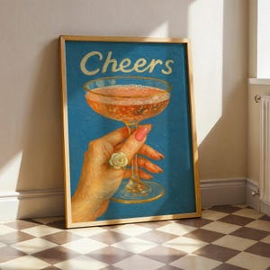 Lámina artística de cóctel "Cheers", decoración de pared de bar vintage, póster de champán azul y oro rosa, impresión de carrito de bar