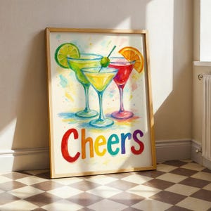 Cheers Cocktail Wandbild - Bunter Aquarell Drink Print, Spaß Bar Poster, Happy Hour Küchendekoration, Regenbogen Cocktail Kunstwerk