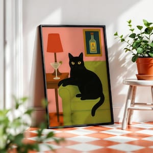 黒猫のマティーニアートプリント | ミニマリストカクテルポスター | 面白いレトロな壁飾り | ラウンジバーの猫のアートワーク | バーカートプリント