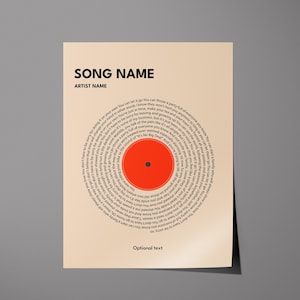 May include: A beige poster with a vinyl record design. The center of the record is bright red. The lyrics of a song are printed in a circular pattern around the center. The top of the poster has the text "SONG NAME" and "ARTIST NAME".