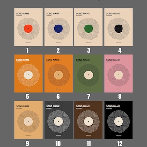 May include: A collection of twelve art prints featuring a vinyl record design with the text "SONG NAME" and "Optional text". Each print has a different colored center, including red, blue, green, and black. The text "Message us for custom colors" is also visible.