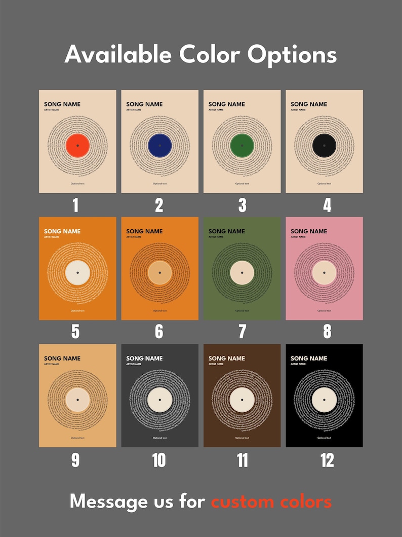 May include: A collection of twelve art prints featuring a vinyl record design with the text "SONG NAME" and "Optional text". Each print has a different colored center, including red, blue, green, and black. The text "Message us for custom colors" is also visible.