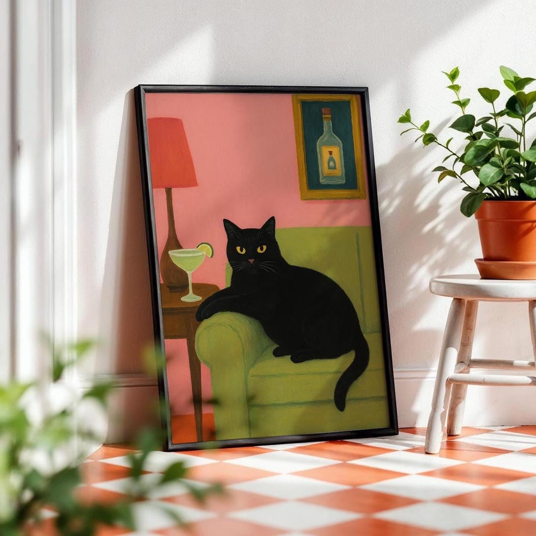 Black Cat Margarita Poster | Retro Cocktail Cat Wall Art | Funny Lounge ...