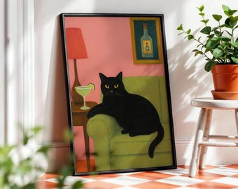 Póster de margarita de gato negro / Arte mural retro de gato con cócteles / Impresión divertida de salón / Decoración de bar rosa y verde / Impresión de carrito de bar