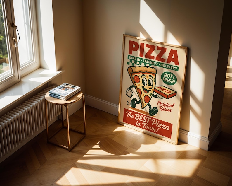May include: A framed vintage-style pizza advertisement. The poster features a cartoon pizza slice with a smiling face, holding a pizza box. Text includes "PIZZA", "Dine In - Takeout - Delivery", "Hot & Fresh!", and "The Best Pizza in Town!"