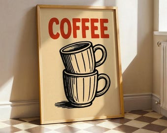 Retro Coffee Print: Vintage Espresso Cups Kitchen Poster